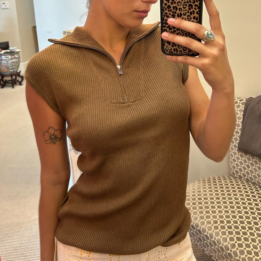 Elliott Lauren Brown Ribbed Zip Tank Top